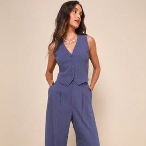 Lulus "Suits You Perfectly" Dark Blue Linen Set - NWT